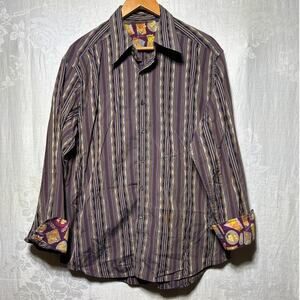 Robert Graham Button Up XL Purple Geometric Stripe Contrast Trim FLAW